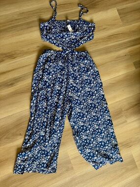 Aerie Blue Floral Cutout Jumpsuit Wide Leg Boho Cottagecore Size L NWT